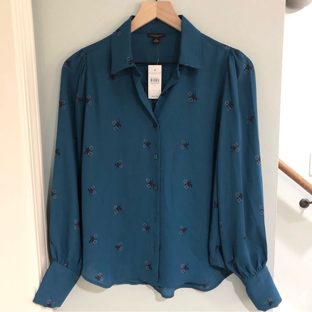 Gorgeous Deep Teal Ann Taylor Factory Puff Sleeve Floral Button Down Blouse XS